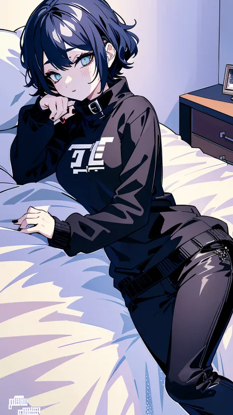 (pixelart: 1.2), beautiful gothic women, sexy goth girl, designer sweatshirt coat with logos, pants, short black hair with blue tips, bedroom, lying in bed, (by Isaac quek: 0.8) [by Ilya Kuvshinov: 0.65]