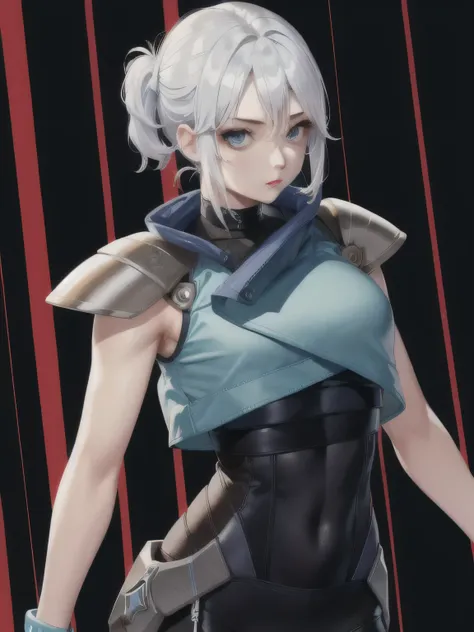 girl１people,jet,blue eyes、White Hair、Gloves、Shoulder pads、Black pants、cropped sleeveless jacket、sexy