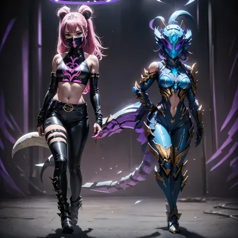 Girl with a tail. Fashion in rock style. Its a belly button. Gray hair. Large belts. Silver buckle. Black tail. Black long boots. active pose. Purple light background. Smog.