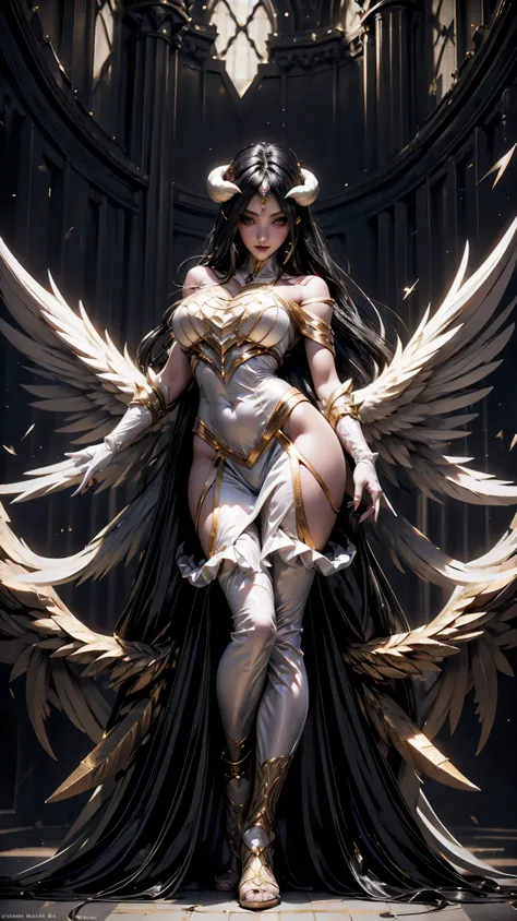 a high resolution & sharpness, sharp focus, pixiv masterpiece, ((intricate details)), highly detailed, milf, black wings, gold-w...