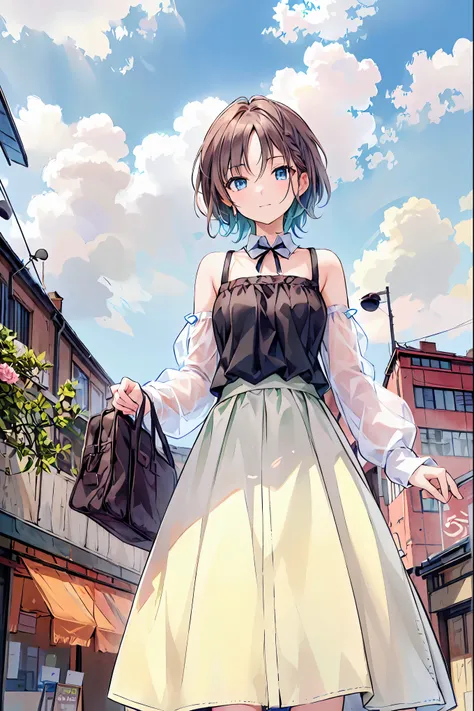 (masterpiece,up to date,exceptional:1.2), anime,One Girl,Brown Hair，Shortcuts，Messy Hair，Short braided hair，Neat，Slender beauty，A dignified posture，Small chest，Beautiful feet，Her captivating grey-blue eyes shine like stars，Vibrant colors,Beautiful Eyes,A d...