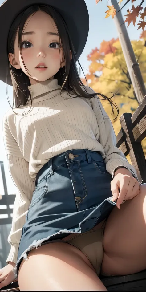  little girl．Seductive expression、Close-up shot from below、Wearing a beige turtleneck sweater、Wearing a denim short mini skirt、Thigh Emphasis、Panty exposure emphasis、Beautiful autumn foliage in Kyoto