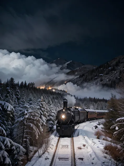 Dark and atmospheric gothic image ,Birds eye view from the mountain,A train is moving through a village in the middle of a snowy valley on a dark winter night.A steam train speeds through a snowy pine forest in winter.On a cold winter night, snow is fallin...