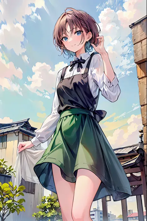 (masterpiece,up to date,exceptional:1.2), anime,One Girl,Brown Hair，Shortcuts，Messy Hair，Short braided hair，Neat，Slender beauty，A dignified posture，Small chest，Beautiful feet，Her captivating grey-blue eyes shine like stars，Vibrant colors,Beautiful Eyes,A d...