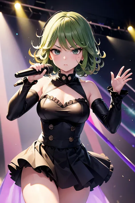 One girl, solo, High resolution, Tatsumaki/One Punch Man、Idol costumes decorated with frills、Sulky face、Singing on stage