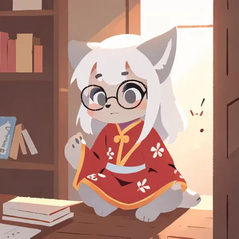 Wolf Girl，furry girl，Baby characteristics，White hair，Gray skin，Shawl，Chinese traditional clothing，Glasses，