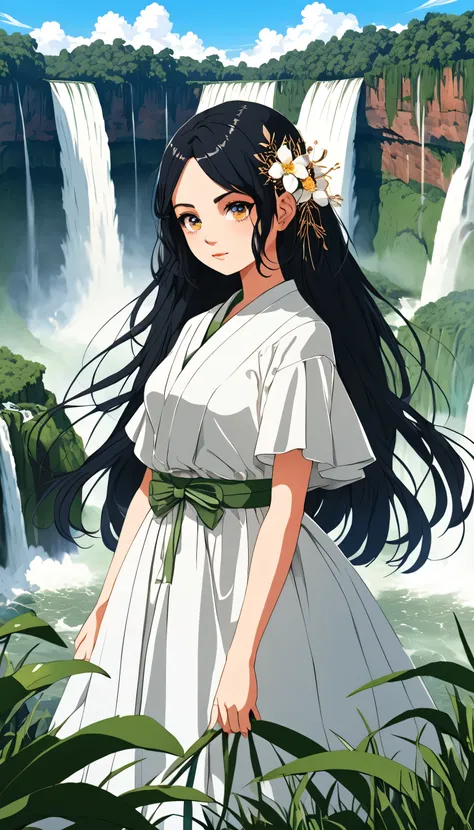 Anime-style female character representing Paraná, with a regal and natural presence. Her attire is a blend of nature and modern elements, reflecting both the Iguazu Falls and the urban centers like Curitiba. Her hair is dark and sleek, and she stands confi...