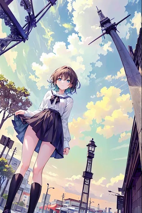 (masterpiece,up to date,exceptional:1.2), anime,One Girl,Brown Hair，Shortcuts，Messy Hair，Short braided hair，Neat，Slender beauty，A dignified posture，Small chest，Beautiful feet，Her captivating grey-blue eyes shine like stars，Vibrant colors,Beautiful Eyes,A d...