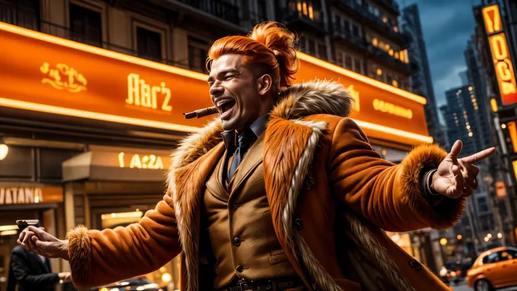 masterpiece, best quality, extremely detailed, hyperrealistic, photorealistic, a cool 40s brazilian man, tan skin, ultra detailed face:1.2, orange fur coat, high ponytail:1.1, orange hair, cigar, laughing, strenuous movements, from below, dynamic angle, ci...