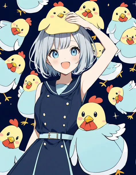 light pastel colours、navy blue based color scheme、gray hair、girl posing、short bob,:d、put a chicken on your head