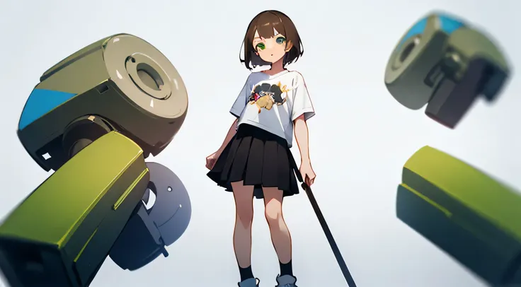 a anime girl with short brown hair, fullbody wearing tshirt and skirt wearing long socks , green eyes, no background , standing