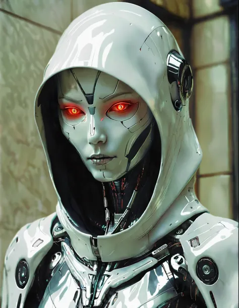 a close up of a robot with red eyes and a hood, biblical female android, sci-fi android female, beautiful female android, portra...