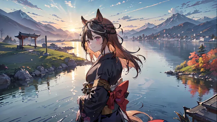 1girl,Alone,master piece,complete anatomy,Best Quality,16k,Intricate details,kimono,Horse ears,Red cheeks,Smiling,((shrine)),(((Photograph the whole body))),((Photograph from a distance)),A wide range of backgrounds,((Landscape painting)),Panorama,((90% of...