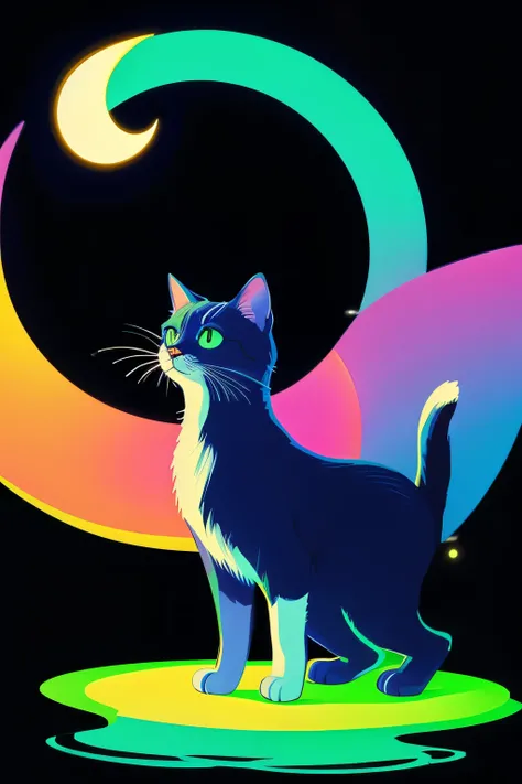 An illustration of a cute, stylish, and cool colorful cat illuminated by a floating colorful moon on a black background