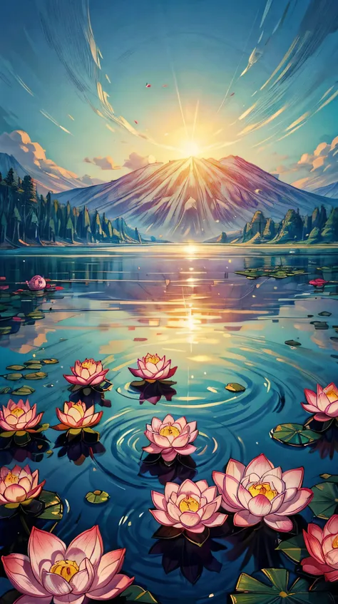  (landscape), A still lake where lotus flowers float serenely on the surface, their delicate petals illuminated by the soft light of dawn.