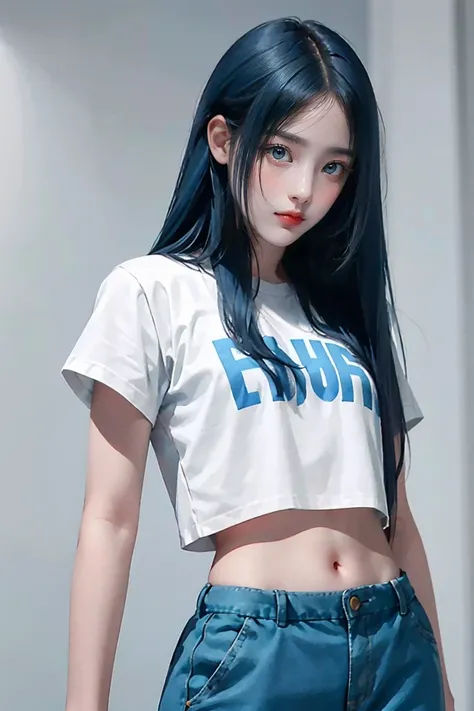 20 year old woman White skin Athletic Long wavy hair Dark blue hair Quality smile Small lips Small and tender face Dressed in a tight and cropped T-shirt, Trousers up to the navel with one leg long and layered and the other cropped like Shorter and tight, ...