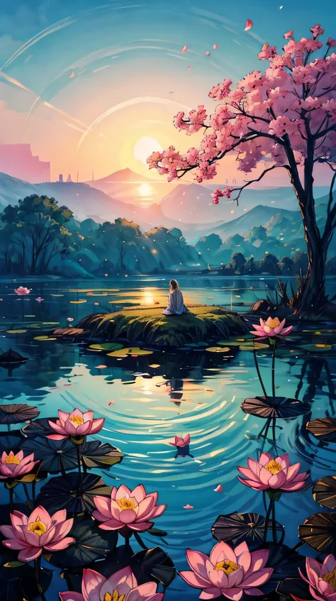 (landscape), a still lake where lotus flowers float serenely on the surface, their delicate petals illuminated by the soft light...