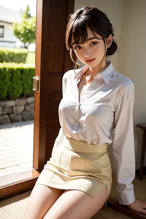 ((Best Quality)), ((masterpiece)), (detailed), One girl, Sexy in natural light, White panties can be seen through the gap in the skirt of a Japanese woman dressed elegantly.
