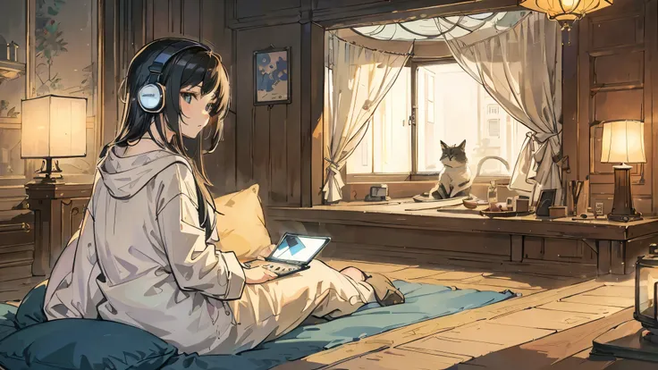 Relaxed evening scene in an urban apartment。 A young woman wearing headphones is using a laptop computer while sitting on a sofa。 There was a cat sleeping round beside me.、Large speakers are installed nearby.。The lighting is soft and dim, creating a calm a...