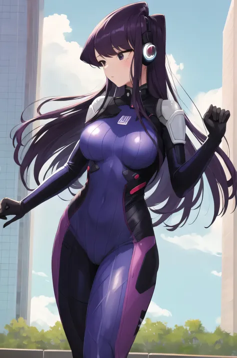 masterpiece, best quality, highres, komi shouko, long hair, purple hair, headphones, whisker markings, shoulder pads, blue bodysuit, ribbed bodysuit, animal print, clothes writing, long sleeves, white gloves, large breasts, cowboy shot, standing, outdoors,