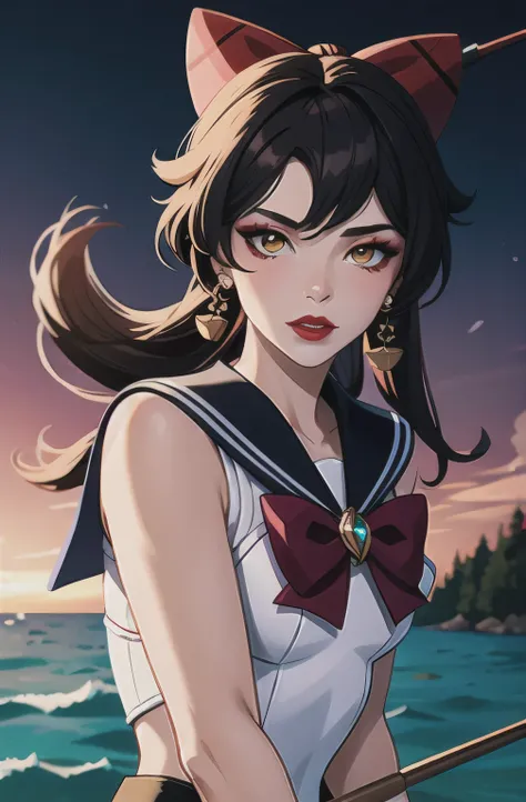 masterpiece, The best quality, 1 girl, Gothic, red lips, Alone, black brown hair, make up, long hair, hair bows, Sailor Moon, multicoloured red black hair, white fur, blows, soft eyeshadow, cruz, hair bow, bow, pink lipstick, two-tone hair, fishing nets, m...