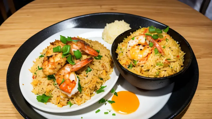 "Indonesian nasi goreng, a fragrant fried rice dish with shrimp, chicken, and a fried egg on top, served with prawn crackers." vecter picture