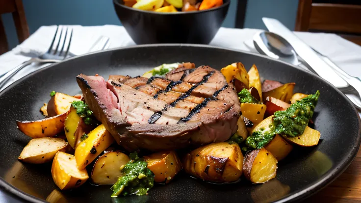 Argentinian chimichurri steak served with roasted potatoes and grilled vegetables." vecter picture