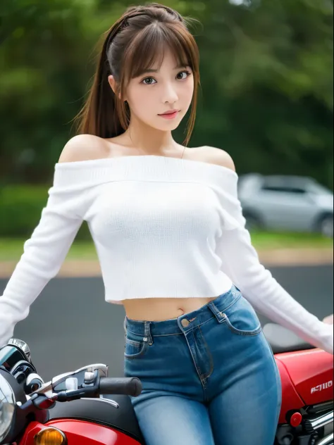 (8k, Top quality, Masterpiece:1.2), (Realistic, photo-realistic:1.37), Super detailed, perfect anatomy, cute, small eyes, a Japanese, girl, pants, motor cycle, off shoulder,