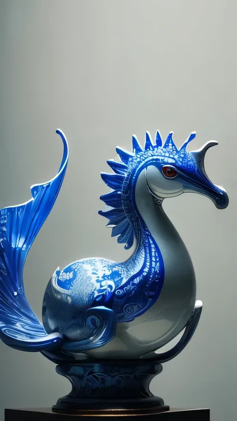 a close up of a seahorse with a blue and white design on its body, full view of seahorse, sea horse, seahorse, porcelain sculpture, seahorses, highly detailed creature, high detailed art, detailed intricate render, glazed ceramic, by Kanō Tanyū, ornate and...