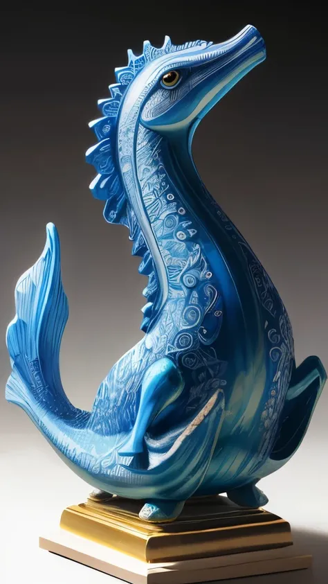 a close up of a seahorse with a blue and white design on its body, full view of seahorse, sea horse, seahorse, porcelain sculpture, seahorses, highly detailed creature, high detailed art, detailed intricate render, glazed ceramic, by Kanō Tanyū, ornate and...