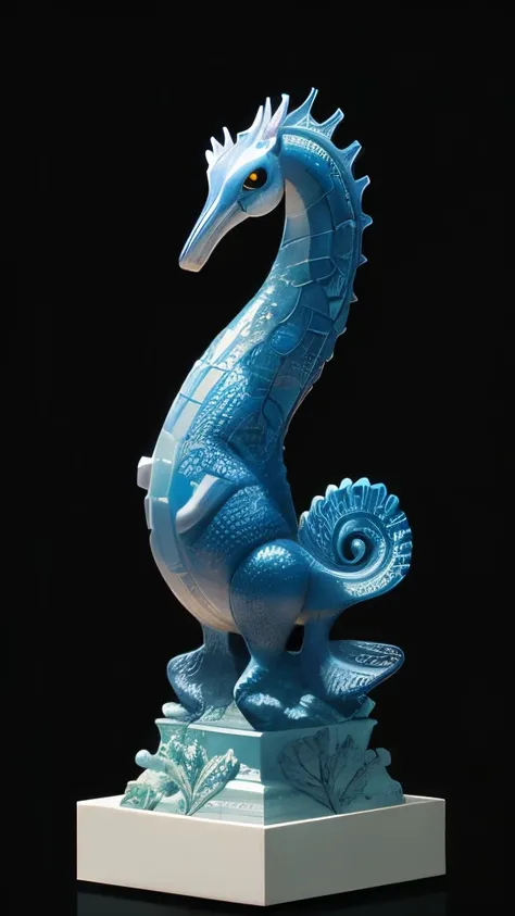 a close up of a seahorse with a blue and white design on its body, a raytraced image by Kanō Tanyū, trending on polycount, new sculpture, full view of seahorse, sea horse, seahorse, porcelain sculpture, seahorses, highly detailed creature, high detailed ar...