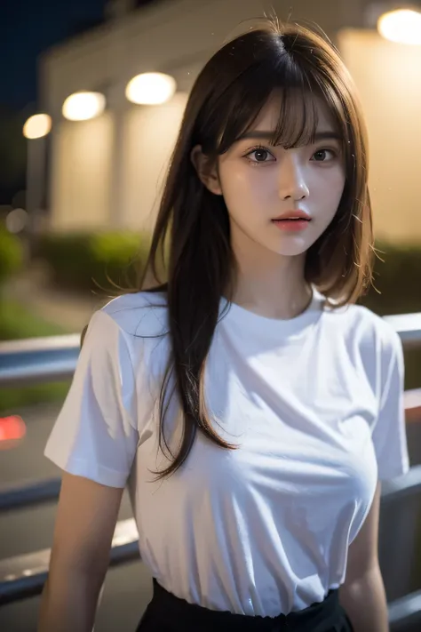 (8k、RAW Photos、Best Quality、masterpiece:1.2)、(Realistic、Photorealistic:1.37)、Ultra-detailed、Ultra-high resolution、1 girl、whole body、(Standing posture)、Seeing the viewer、Beautifully detailed face、narrow、(Slim waist) :1.3)、t-shirt、 Disheveled Hair, Asymmetri...