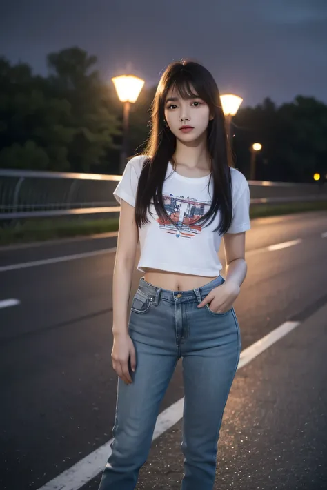 (8k、RAW Photos、Best Quality、masterpiece:1.2)、(Realistic、Photorealistic:1.37)、Ultra-detailed、Ultra-high resolution、1 girl、whole body、(Standing posture)、Seeing the viewer、Beautifully detailed face、narrow、(Slim waist) :1.3)、t-shirt、 Disheveled Hair, Asymmetri...