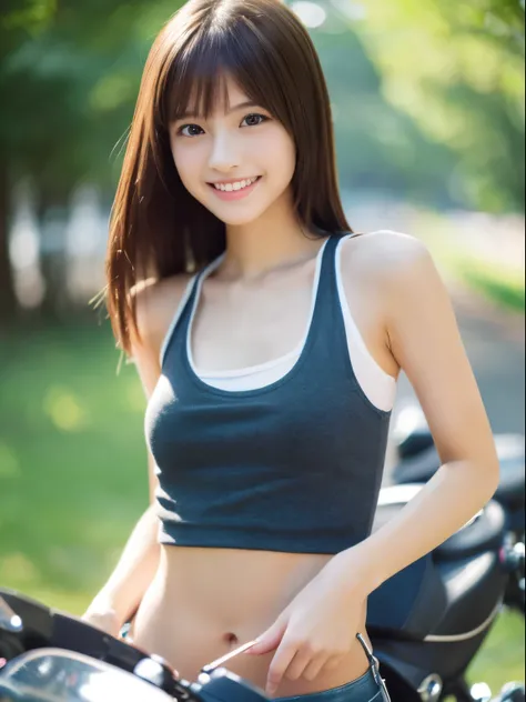 (8k, Top quality, Masterpiece:1.2), (Realistic, photo-realistic:1.37), Super detailed, perfect anatomy, cute, small eyes, a Japanese, girl, motorcycle, tank top, skinny legs, smile,