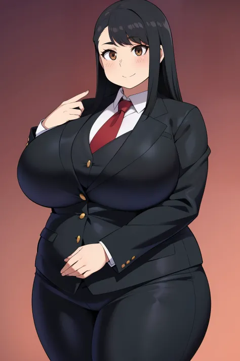 Chubby 2 big boobs black hair brown eyes happy long messy hair blushing smile deredere black mobster suit