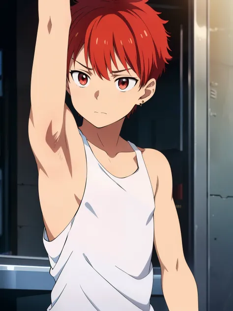 Highres, Masterpiece, Best quality at best,Best Quality,hight quality, hight detailed, Anime style, Anime screencap Style, 1boy, Boy, Shota, Solo person, hansome, Red hair, Messy hair, earring, Tank top, Upper body, Summer day, Laugh, Slim body, Blurry bec...