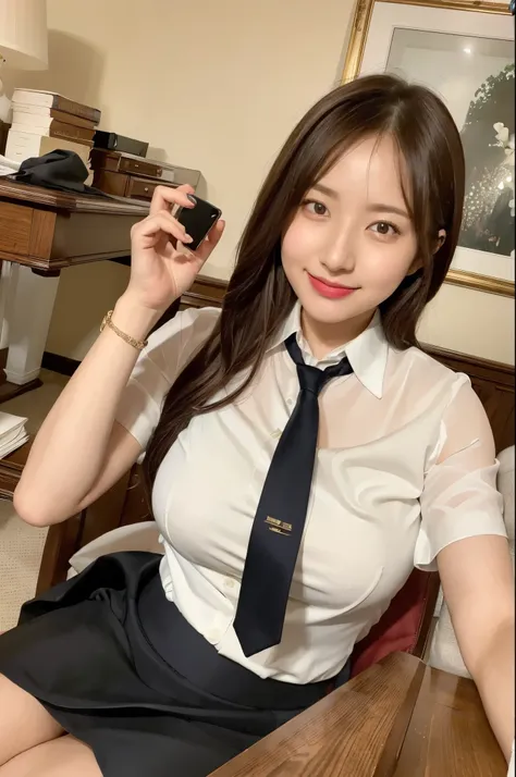 (((masterpiece))), (((Best Quality: 1.4))), ((Super detailed: 1.4)) , Woman in suit working in secretary office, But the suit shirt and tie on the upper body,mesmerizing beauty、pencil skirt、Super realistic stockings、Skirts and tights、A hardWorking and capa...