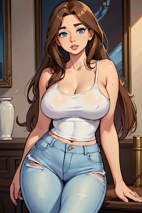 ((Solo)) ((Masterpiece)) ((High Quality)) ((Perfect Face)) ((Beautiful)) ((Round face)) ((2)) ((brown hair)) ((Long Hair)) ((Cute Nose)) ((blue Eyes)) ((Light Skin)) ((Camisole)) ((Tight jeans)) ((Full lips)) Curvy figure, freckles, best hips, best skin, b...