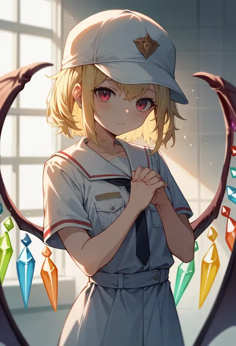 Eastern Project, Flandre Scarlett sits on the bed in JK uniform, Hands crossed at the waist., light yellow hair, warm lighting, blurred foreground, Cute, change, anime, 4K, with demonic wings, shower cap, masterpiece, upper body