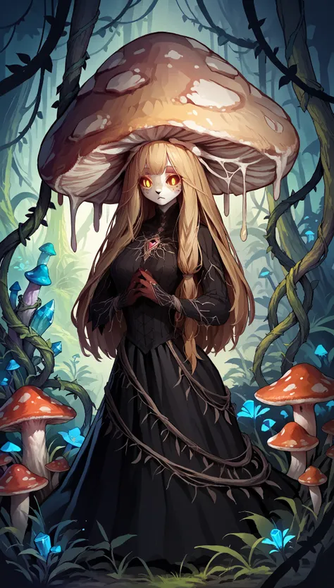 (zPDXL2), (PonyXLV6_Scores), source_anime, source_anthro, Expressiveh, solo, three-quarter portrait, rating_safety, asymmetric image, BREAK

1girl, monstergirl, mushroom creature, bioluminescent eyes, vines arms, tall, dome-shaped cap, crystal, spring flow...