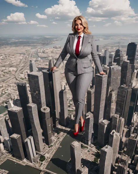 Young woman, giantess art, giga giantess in distance walking on through city, women with beautiful curves, massive thighs, blonde hair, lipstick, wearing a perfect  grey pinstripe trouser suit and blazer, crisp white shirt, and a large blade width Windsor ...