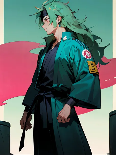 1male, Adult Male, Muscular, Long Hair, Black Headband, Wavy Hair, Messy Hair , Spiky Hair , Bright Cyan Green Hair , Pink Eyes , Dewdrop Earring , Black Puffer Jacket , Serious Expression , Standing On side Walk , Black Taekwondo Belt , Ninja Clothing