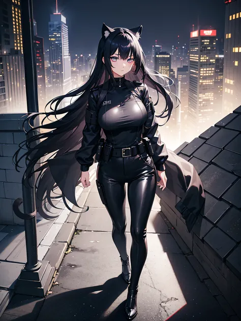 Beautiful anime girl, in a black jacket, black pants, comfortable clothes, black hair, cat ears and tail, megapolis, dark sky, night, Special agent, in a bulletproof vest, black belt holster, big beautiful lush breasts, tall girl, attractive, purple hair, ...