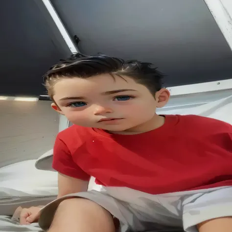 a small child sitting, short sleeve red shirt and gray shorts, childs hair is short and neat, with a slight pompadour combed to the side, fair skin, blue eyes, (best quality,4k,8k,highres,masterpiece:1.2),ultra-detailed,(realistic,photorealistic,photo-real...