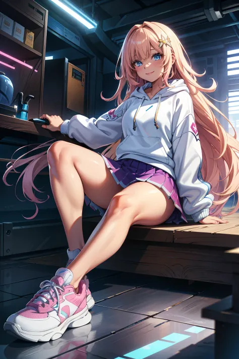 (extremely detailed CG unity 4k wallpaper),(masterpiece),(best quality),(ultra-detailed),(best illustration),(best shadow),(absurdres),Female, long blond hair (Straight), Glowing blue eyes, White long sleeve hoodie, Pink plated skirt, Smile, White sneakers...