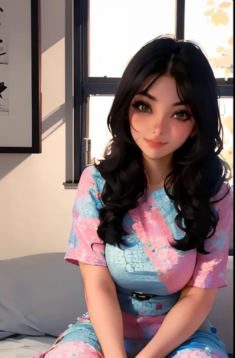 arafed woman with long black hair and pink dress sitting on a bed, a pastel inspired by Glòria Muñoz, tumblr, aestheticism, her face looks like an orchid, belle delphine, black hair and large eyes, anime girl in real life, she has a cute face, very very ve...