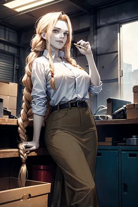 masterpiece, top quality, female mechanical engineer 40 years old, with long blond hair in a big braid, in work clothes, ugly, pale skin, not pretty, harsh, rough, strong, workshop