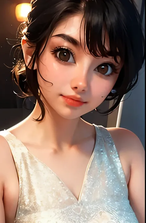 (sweat:0.7),Light yellow wedding dress,white short skirt,woman,japanese,exquisite face, beautiful face,bare shoulders,shoulders slightly exposed,translucent skin,black eyes,black hair,(photorealistic:1.4),realistic details, high resolution,bokeh,outstandin...