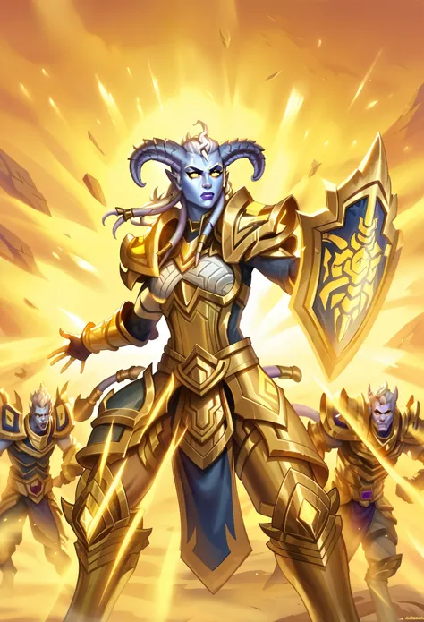 lightforged draenei paladin: a towering lightforged draenei with golden armor that gleams with holy energy. his white hair is ne...