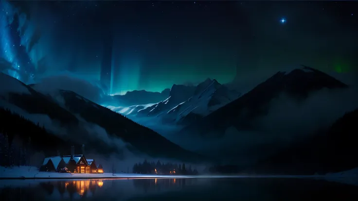 The best quality,A high resolution,(masterpiece:1.2),ultra-detailed,aurora boreal, Towering snow-capped mountains, country house covered in snow,A snowy shelter, Reno,yukito,sleigh,winter wonderland,vibrant colors, clouds,fog,The moon,galaxies, impressive ...